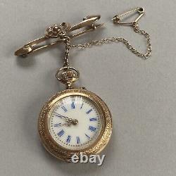 14ct Gold Open Faced Pocket Fob Watch 21g Working Antique Victorian 9ct Brooch