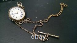 14ct. Gold engr/d case immaculate pocket watch. Solid 9ct. Tbar & 28solid rope chn