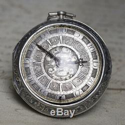 1700s CHAMPLEVE SILVER DIAL REPOUSSE PAIR CASE Verge Fusee Antique Pocket Watch