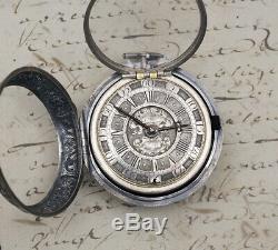 1700s CHAMPLEVE SILVER DIAL REPOUSSE PAIR CASE Verge Fusee Antique Pocket Watch
