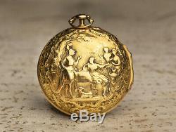 1735 British Solid GOLD REPOUSSE PAIR CASE Antique VERGE FUSEE Pocket Watch