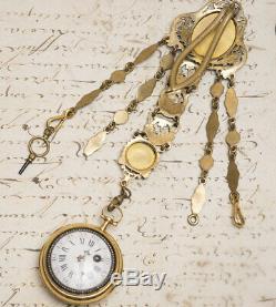 18k GOLD & PAINTED ENAMEL Verge Fusee Antique Pocket Watch Montre Coq +CHATELAIN