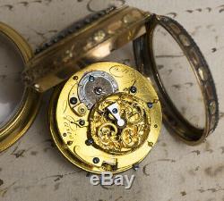 18k GOLD & PAINTED ENAMEL Verge Fusee Antique Pocket Watch Montre Coq +CHATELAIN