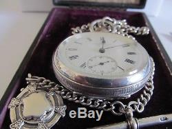 1907 J. W. Benson pocket watch solid silver working +original box + Albert chain