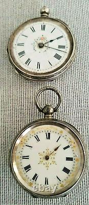 2 Antique Silver Ladies Pocket Watches White Faced Enamelled HM 3 Bears Untested