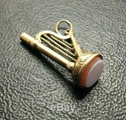 9ct Rose Gold Antique Pocket Watch Key Fob Irish Harp Sardonyx Good Detail 2.1g