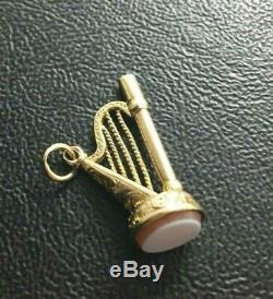 9ct Rose Gold Antique Pocket Watch Key Fob Irish Harp Sardonyx Good Detail 2.1g