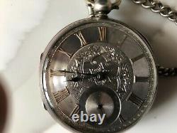 ANTIQUE 1870s SILVER CASED JEWELLED FUSEE POCKET WATCH IN WORKING ORDER