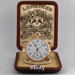 ANTIQUE 1905' LONGINES 18K SOLID GOLD ENAMEL DIAL OPEN FACE POCKET WATCH With BOX