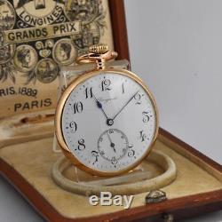 ANTIQUE 1905' LONGINES 18K SOLID GOLD ENAMEL DIAL OPEN FACE POCKET WATCH With BOX