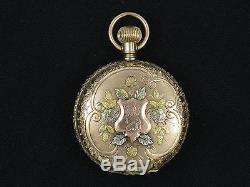 ANTIQUE ELGIN 14K ROSE YELLOW GOLD POCKET WATCH with DIAMOND RUBY EMERALD WORK