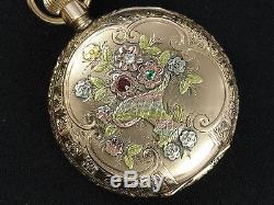 ANTIQUE ELGIN 14K ROSE YELLOW GOLD POCKET WATCH with DIAMOND RUBY EMERALD WORK