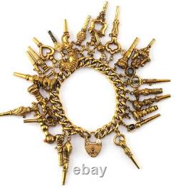 ANTQ Edwarian 1907 9ct Gold Heart Lock Chain Pocket Watch Key Charm Bracelet