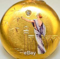 Antique 12k Gold Enamel Diamond Art Deco Woman Ladies French Pocket Watch As Is
