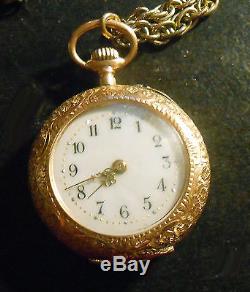 Antique 14K Gold Enamel Ladies Pocket Watch. 585 Swiss with Chain