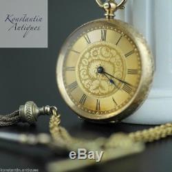 Antique 14K gold pocket watch with chain T-bar key Roman numerals open face rare
