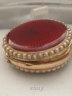 Antique 14k Y/Gold Swiss Pendant Pocket Watch Red Guilloche Enamel Seed Pearls