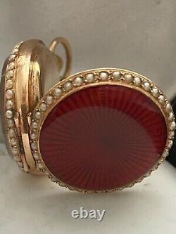 Antique 14k Y/Gold Swiss Pendant Pocket Watch Red Guilloche Enamel Seed Pearls