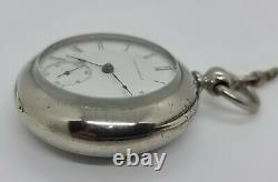 Antique 1880 ILLINOIS'Miller' 15J RR Key Wind Silver Pocket Watch withChain 18s