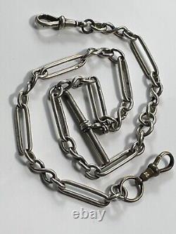 Antique 1880 Victorian vintage solid silver watch chain with t-bar/clip 27.87g