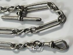 Antique 1880 Victorian vintage solid silver watch chain with t-bar/clip 27.87g