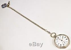 Antique 1889 Stg Silver Waltham K/W 18s O/F Pocket Watch Stg Chain & Fob Works