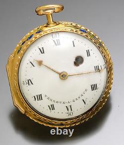 Antique 18K Gold Verge Fusee Farm Scene Enamel Swing-Out Pocket Watch with Key