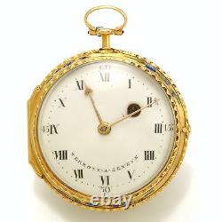 Antique 18K Gold Verge Fusee Farm Scene Enamel Swing-Out Pocket Watch with Key