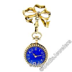 Antique 18k Gold Blue Enamel Diamond LeCoultre Pocket Watch Ribbon Bow Brooch