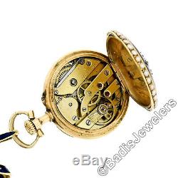 Antique 18k Gold Blue Enamel Diamond LeCoultre Pocket Watch Ribbon Bow Brooch