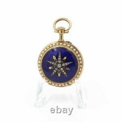 Antique 18k Gold Rose Cut Diamond Seed Pearl Enamel Ladies Pocket Watch W5323-1
