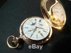 Antique 18k Solid Gold Perpetual Calendar Moon Phase Repeater Pocket Watch Swiss