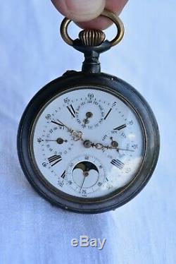 Antique 1900 Triple Calendar Swiss Pocket Watch Moonphase Day Month Date