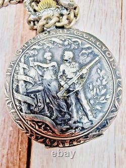 Antique 1900's Rodolphe Uhlmann Geneve Silver Pocket Watch Shooting Hunting 53mm