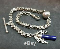 Antique 1900's Solid Silver Robert Pringle&lapis Lazuli Pocket Watch Chain&fob