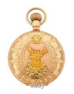 Antique 1908 Waltham Seaside 6S Multi-color 14k Gold Hunter Pocket Watch with Stag