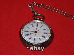 Antique 800 Silver Cased Ladies Open Faced Pocket Watch & Silver Guard Chain