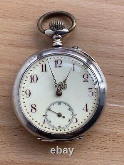 Antique. 800 Silver Open Face Pocket Watch Swiss Made Porcelain Dial