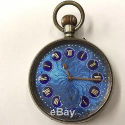 Antique 8 Day Goliath Pocket Watch Working Blue Enamel Face C 1900 Cracked Face