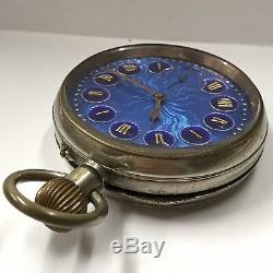 Antique 8 Day Goliath Pocket Watch Working Blue Enamel Face C 1900 Cracked Face
