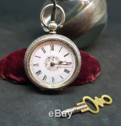 Antique 935 Solid Silver Lever Fob Pocket Watch Ladies Flowers Dial With Key
