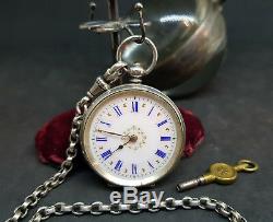 Antique 935 Solid Silver Lever Fob Pocket Watch Ladies With Chain&key