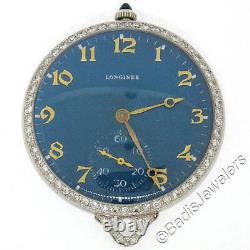 Antique Art Deco Platinum Longines 17j Diamond Bezel Blue Pendant Pocket Watch