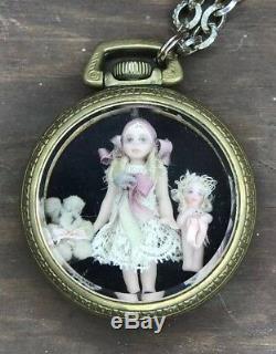 Antique Art Doll Display Case Pocket Watch Train Cathy Hansen Miniature Bisque