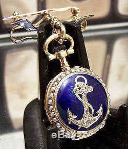 Antique C1890 Diamond & Pearl Solid 18k Gold Enamelled Naval Anchor Design Watch