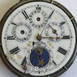 Antique Calendar Moon Phase Type Pocket Watch Top Winder 5cm Not Working A/F
