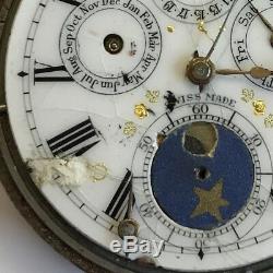 Antique Calendar Moon Phase Type Pocket Watch Top Winder 5cm Not Working A/F