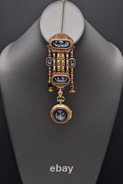 Antique Chaude Paris 18K Gold Enamel Openface Dress Pocket Watch & MOP Hanger