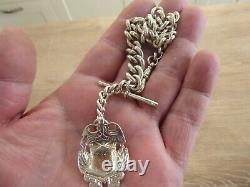 Antique Chunky Solid Sterling Silver Single Albert Pocket Watch Chain & Fob