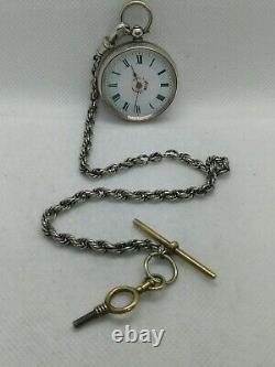 Antique Cuivre P. C 800 Silver Pocket Watch Key Wind With Antique Chain&key